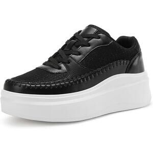 Binkasen Womens Size 7 Shiny Black 2.25" Platform Lace Up Classic Sneaker Shoes